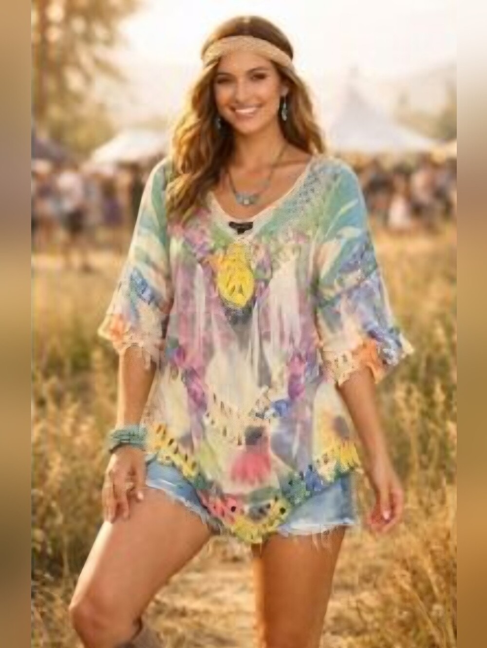 Dor Dor Couture Multicolor Crochet Boho Tie-Dye Trim V-Neck Top Large